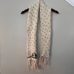 White warm scarf with dark green almost black polka dots